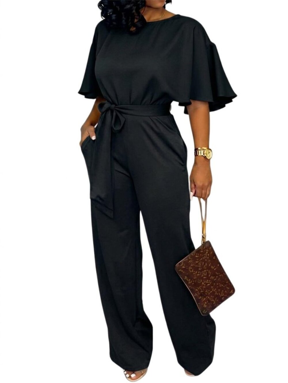 Womens Loose Short Sleeve Belted Wide Leg Pant Romper Jumpsuit Casual Business